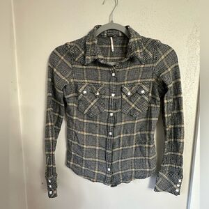 Free People Long Sleeve Button/Snap Down Shirt Blue Plaid Women Size XS
